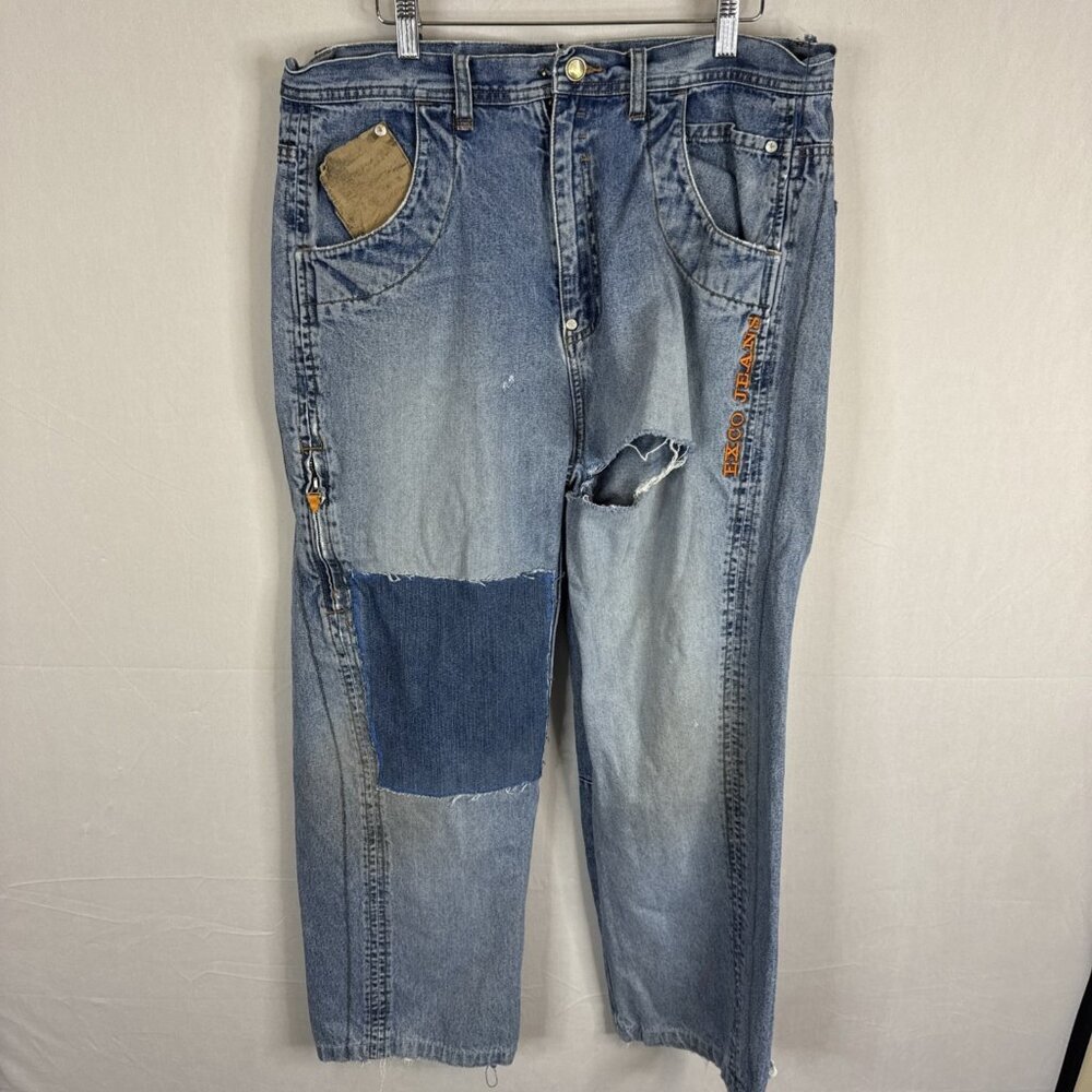 90s Exco Jeans Distressed Patchwork Baggy Denim Pants Size 36X27 Hong Kong‎ Y2K